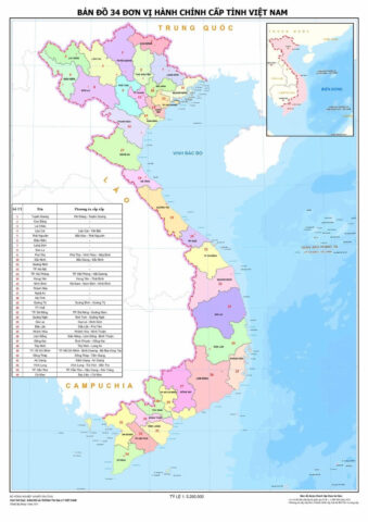 Bản đồ hành chính Việt Nam mới với 34 tỉnh thành sau sắp xếp, thể hiện diện tích các tỉnh