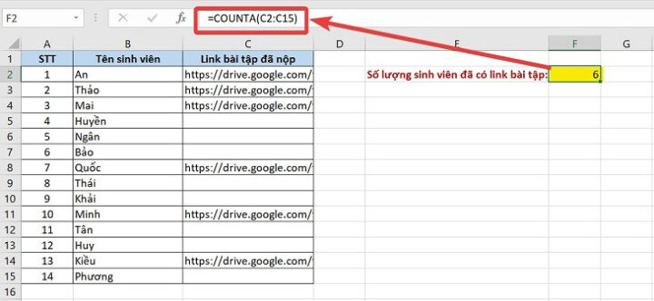 Bảng thống kê tình trạng nộp bài sử dụng công thức COUNTA để đếm số lượng sinh viên đã nộp