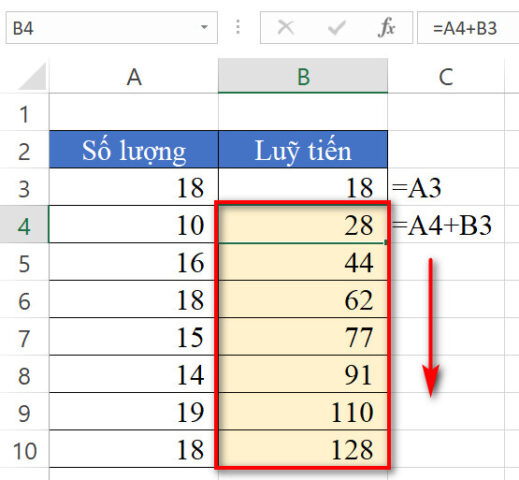 bảng tính lũy kế đơn giản theo phương pháp cộng từng ô trong Excel