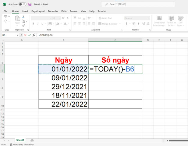 Công thức tính số ngày đến ngày hiện tại trong Excel bằng hàm TODAY