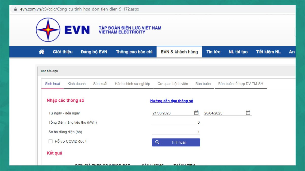 Giao diện công cụ trực tuyến của Tập đoàn Điện lực Việt Nam (EVN) hướng dẫn cách nhập dữ liệu để tính toán hóa đơn tiền điện.