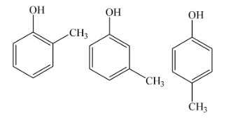 Hình ảnh các đồng phân của C7H8O thuộc loại phenol, bao gồm o-crezol, m-crezol và p-crezol