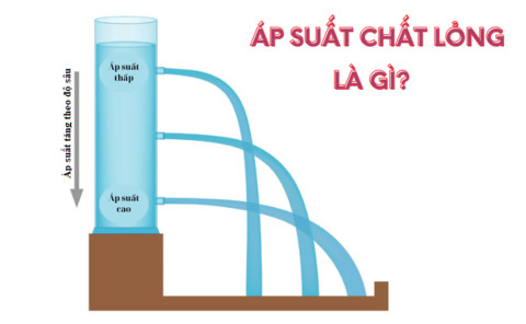 Hình ảnh mô phỏng chất lỏng trong bình với các mũi tên thể hiện áp lực tác dụng lên thành bình và đáy bình, minh họa khái niệm áp suất thủy tĩnh