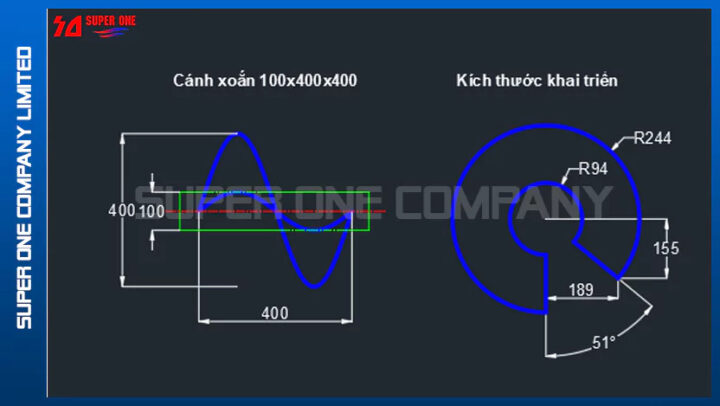 Hình minh họa các thông số đường kính trong, đường kính ngoài và bước vít tải cần thiết cho công thức tính cánh vít tải.