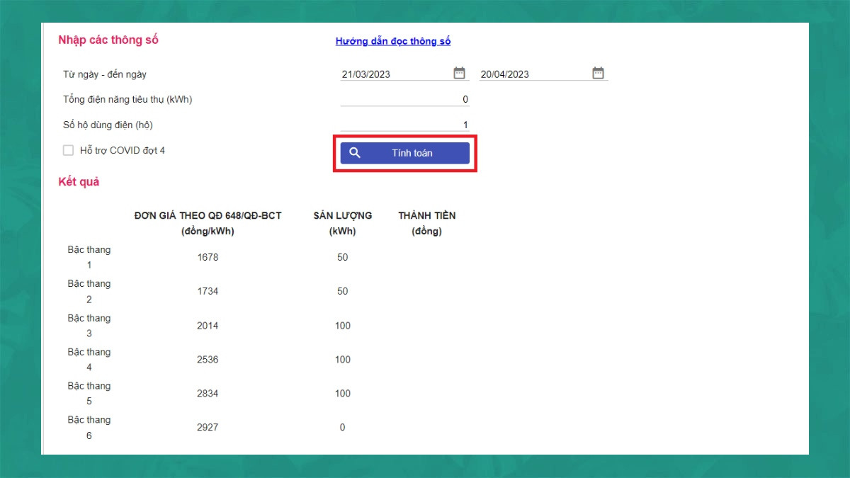 Kết quả tính toán tiền điện hàng tháng trên website EVN, hiển thị chi tiết số tiền theo từng bậc tiêu thụ điện năng.