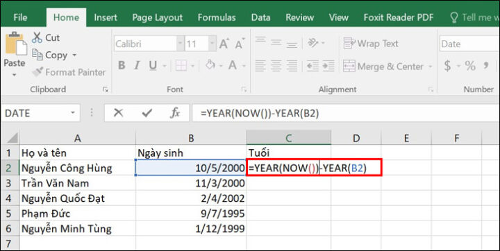 Nhập công thức YEAR để tính tuổi nợ theo năm trong bảng Excel