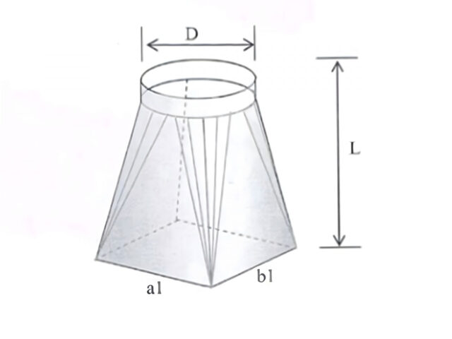 Phụ kiện côn chuyển vuông tròn trong hệ thống ống gió, cần tính diện tích chi tiết bằng công thức