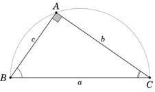 Tam giác vuông ABC với các cạnh a, b, c và góc nhọn B, C, minh họa công thức tính góc