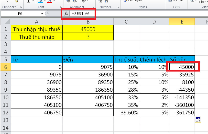 Thêm cột Số tiền (cột E) vào bảng thuế để tính toán thuế TNCN bằng Excel