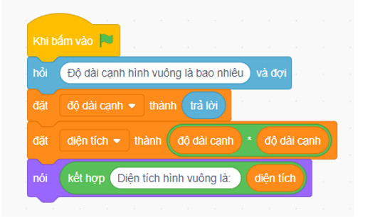 Tính diện tích hình vuông trong Scratch