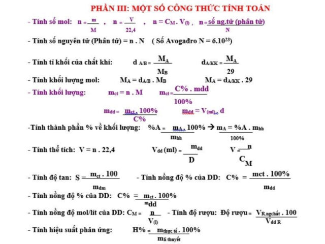 Tổng hợp các công thức tính các đại lượng hóa học