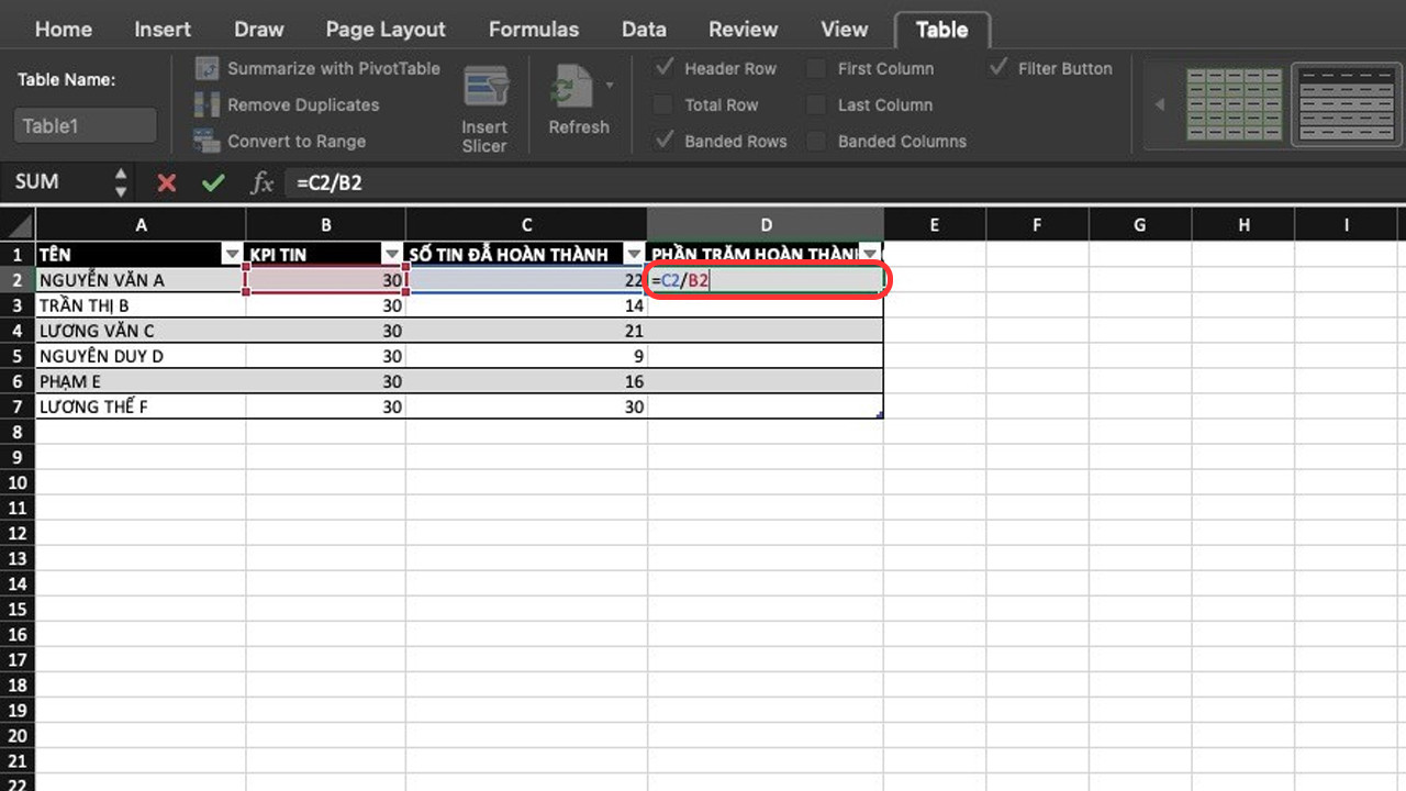 Áp dụng công thức tính tỷ lệ phần trăm vào ô trống trong Excel