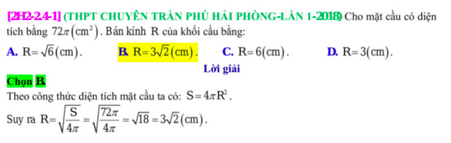 Bài toán trắc nghiệm về công thức tính thể tích cầu trong đề thi