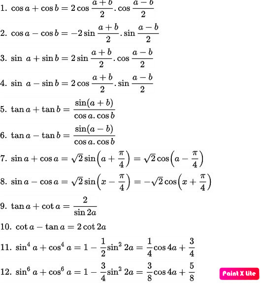 Bảng công thức biến đổi tổng thành tích lượng giác lớp 10