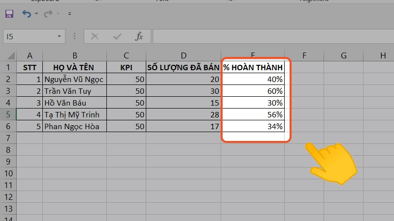 Bảng dữ liệu Excel hiển thị kết quả phần trăm đã được định dạng, minh họa thành công việc áp dụng các công thức như công thức tính phần trăm giảm giá trên bảng tính.