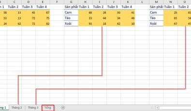 Bảng dữ liệu sản lượng bán hàng qua các tháng trên nhiều sheet trong Excel