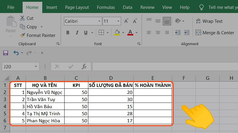 Bảng dữ liệu trong Excel với các số liệu bán hàng, chuẩn bị cho việc áp dụng công thức tính phần trăm giảm giá và các phép tính tỷ lệ khác bằng bảng tính.