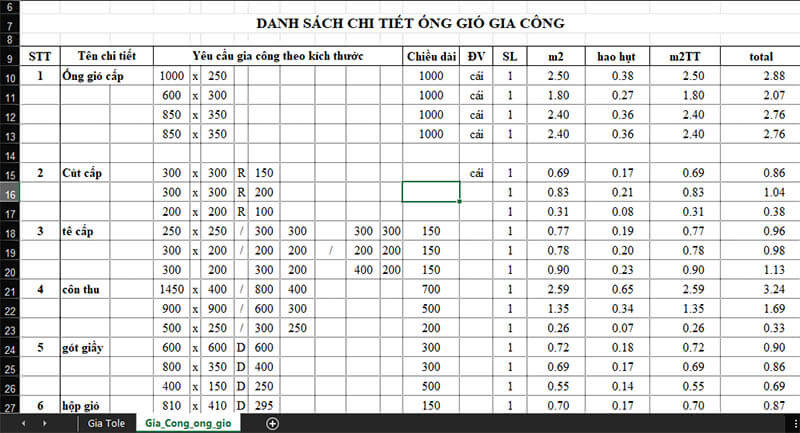 Bảng Excel tự động tính diện tích ống gió vuông
