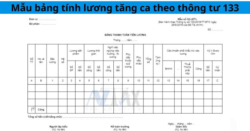 Bảng mẫu tính lương tăng ca theo Thông tư 133/2016/TT-BTC
