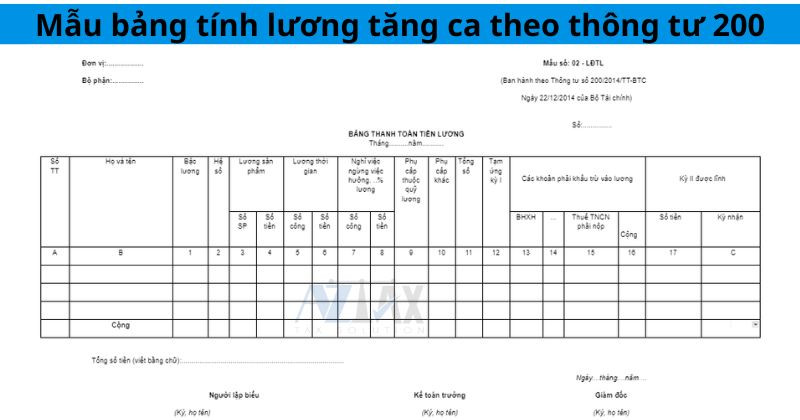 Bảng mẫu tính tiền tăng ca theo Thông tư 200/2014/TT-BTC