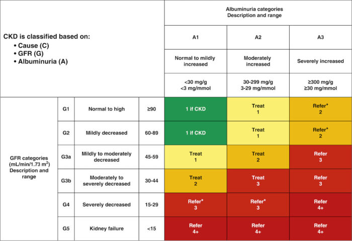 Bảng phân loại giai đoạn bệnh thận mạn KDIGO 2022 dựa trên eGFR và mức độ albumin niệu, hỗ trợ đánh giá chức năng thận