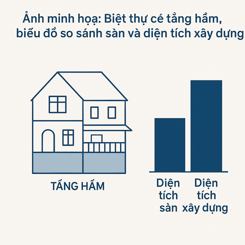 Biệt thự có tầng hầm và biểu đồ so sánh diện tích sàn với tổng diện tích xây dựng bao gồm cả tam cấp