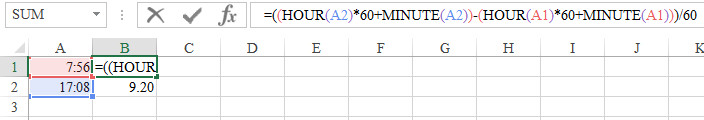 Biểu đồ minh họa cách áp dụng công thức tính giờ làm việc chi tiết với các hàm HOUR và MINUTE trong Excel