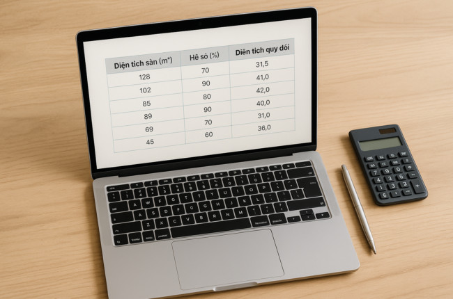 Biểu mẫu Excel minh họa cách tính toán diện tích xây dựng có bao gồm các hạng mục như tam cấp