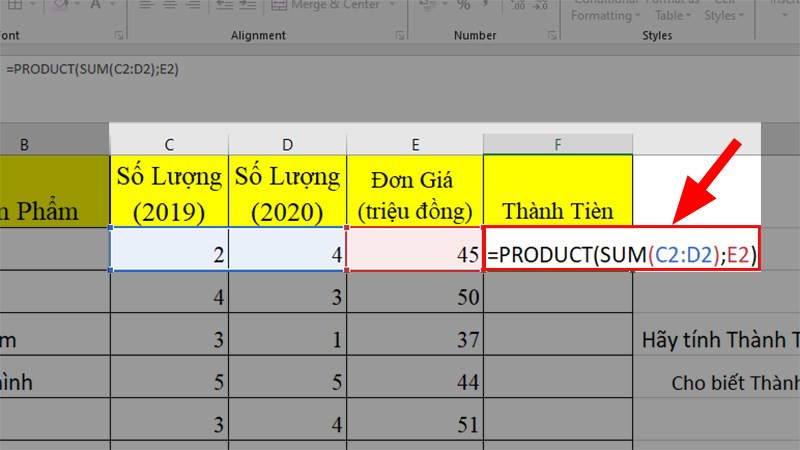 Bước nhập công thức tính tích trong excel kết hợp với hàm SUM