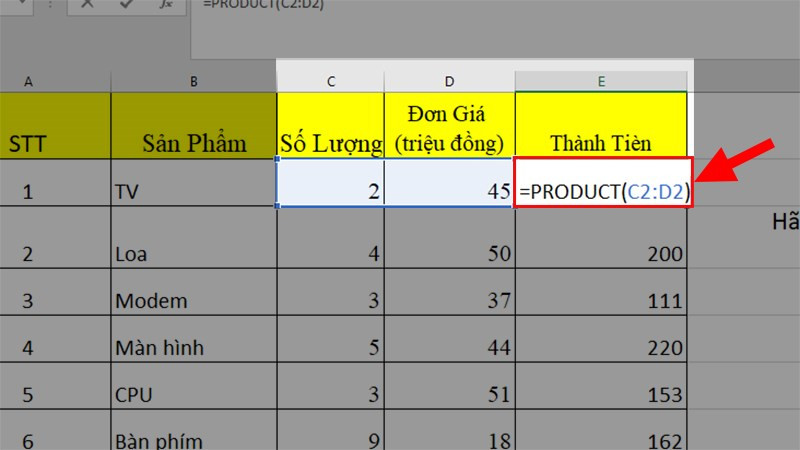 Bước nhập công thức tính tích trong excel trên nhiều cột liền kề