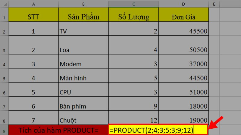 Bước nhập công thức tính tích trong excel với hàm PRODUCT cho các số riêng lẻ
