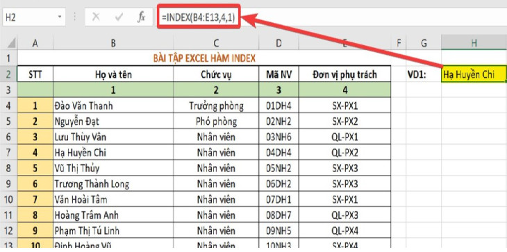 các công thức tính hàm trong excel với hàm INDEX