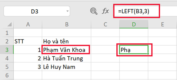 các công thức tính hàm trong excel với hàm LEFT