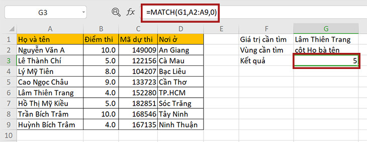 các công thức tính hàm trong excel với hàm MATCH