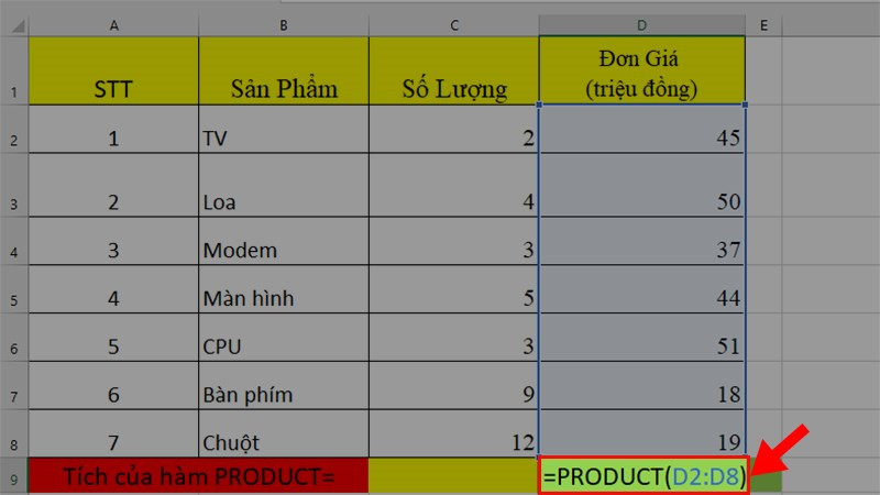 các công thức tính hàm trong excel với hàm PRODUCT