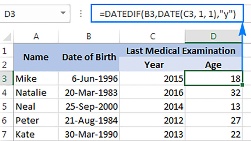 Cách áp dụng công thức DATEDIF để tính số tuổi khi chỉ biết năm kết thúc