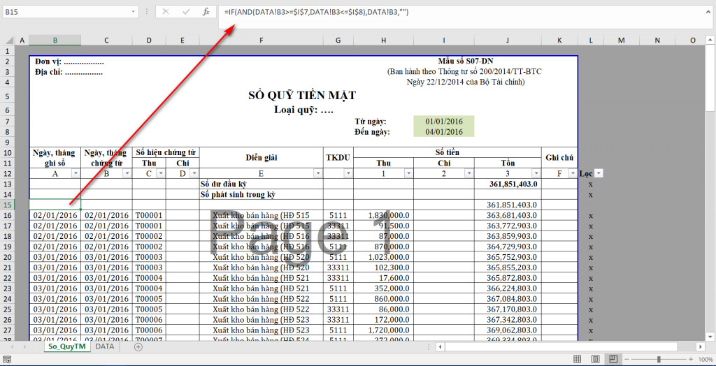 Cách dùng hàm IF và AND để lấy thông tin phát sinh thu chi trong bảng tính Excel