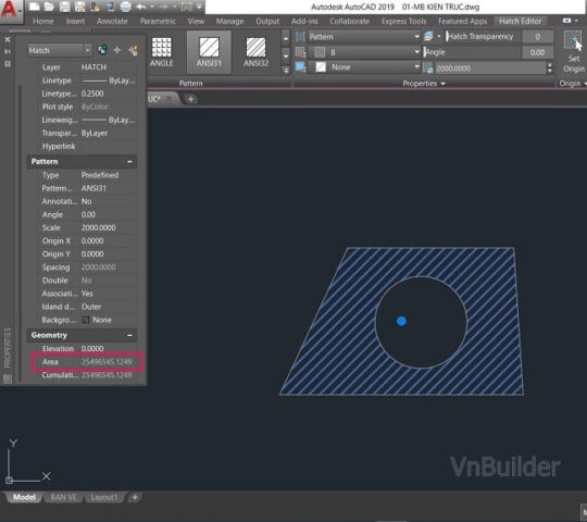 Cách tính diện tích phần hatch trong CAD thông qua bảng Properties