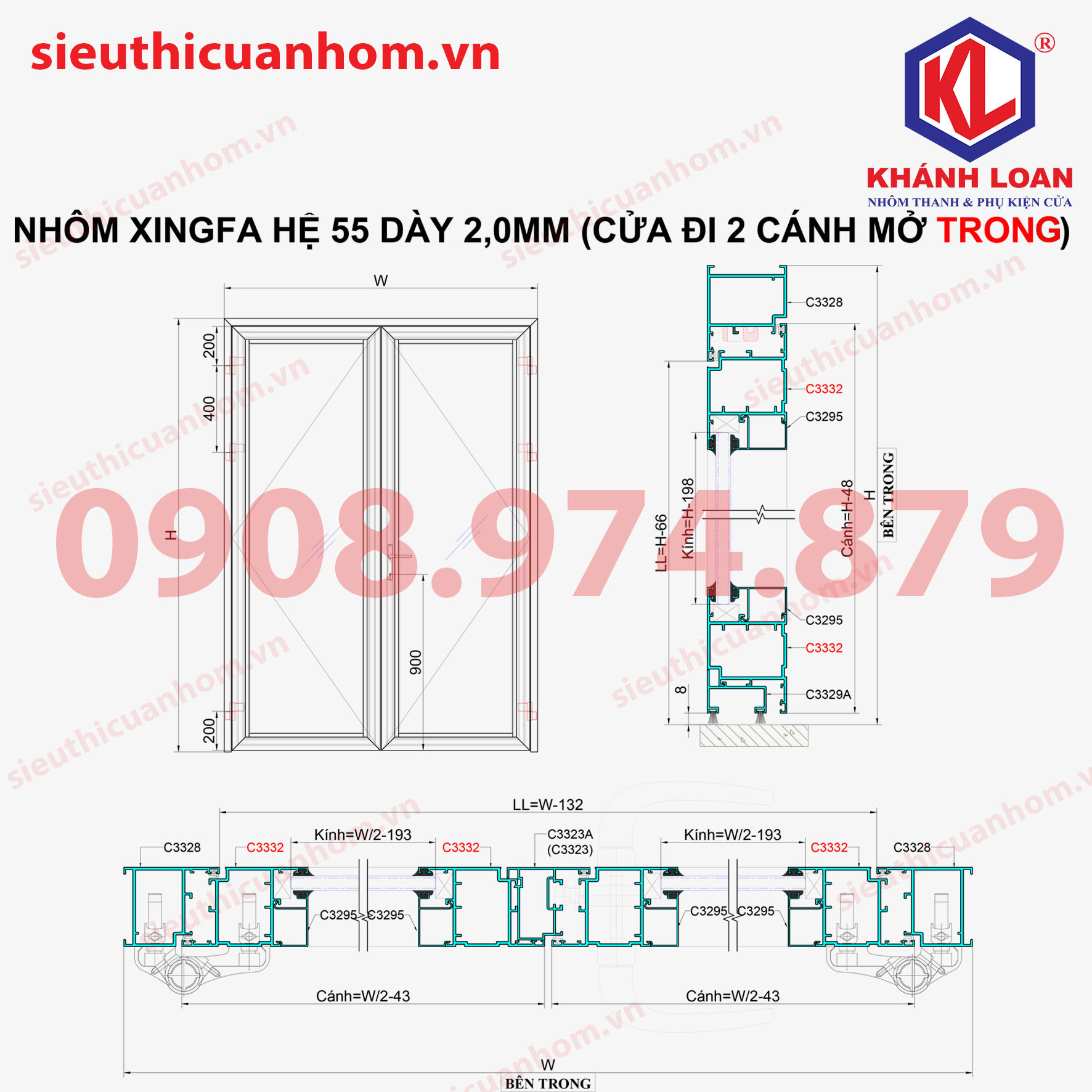 Cách tính kính cửa nhôm Xingfa 2 cánh