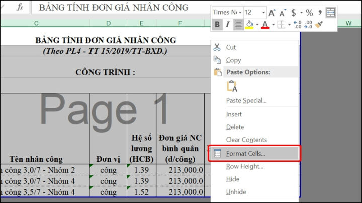 Chọn vùng dữ liệu để ẩn công thức và mở hộp thoại Format Cells.