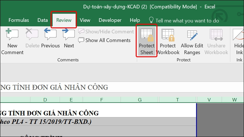 Chuyển đến tab Review và chọn Protect Sheet để bảo vệ trang tính Excel.