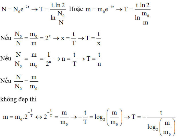 Công thức định luật phân rã phóng xạ N=N0(1/2)^(t/T)