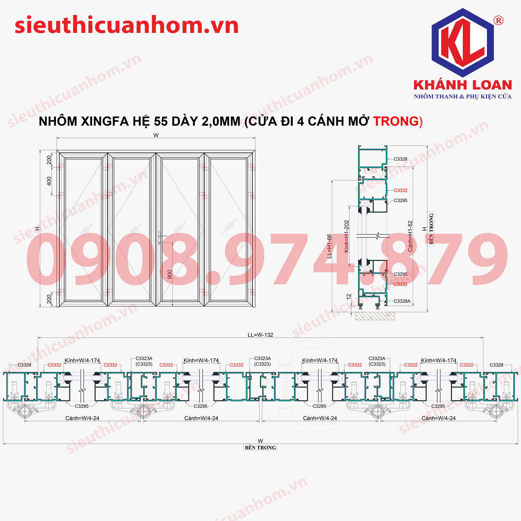 Công thức đo kính cửa nhôm Xingfa 4 cánh