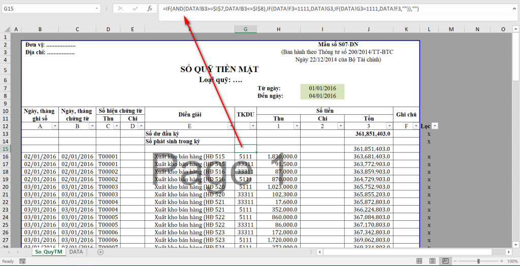 Công thức Excel lấy tài khoản đối ứng (TKDU) để theo dõi thu chi tồn