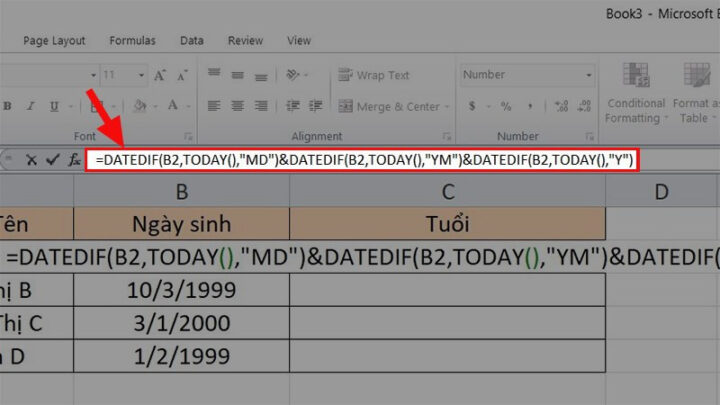 Công thức kết hợp DATEDIF để tính số tuổi chính xác đến ngày, tháng, năm