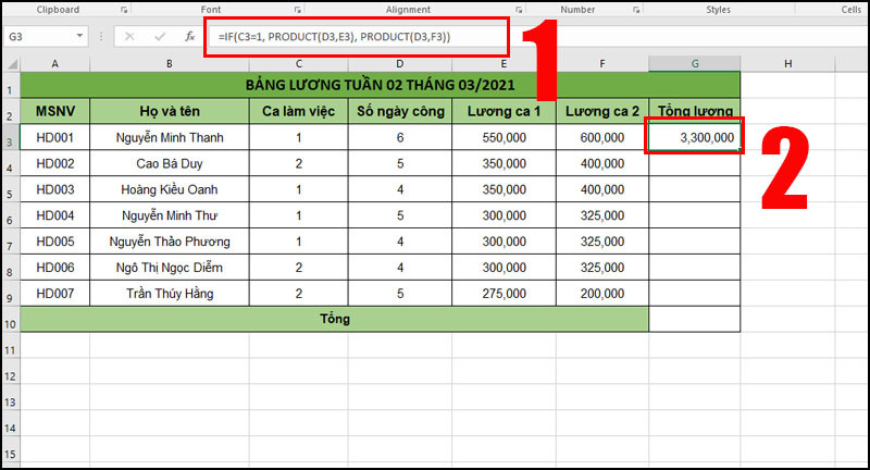 Công thức kết hợp IF và PRODUCT tính lương có điều kiện trong Excel
