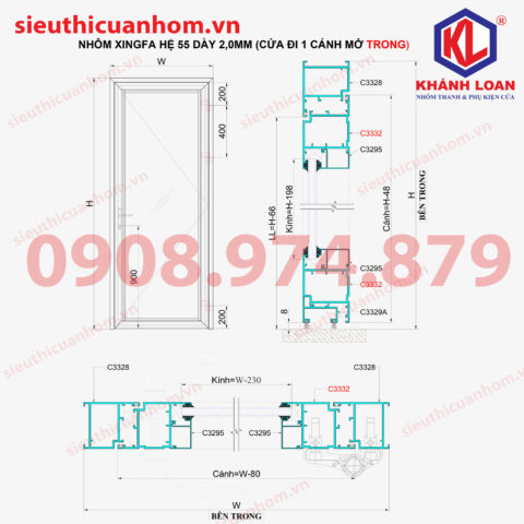 Công thức tính kính cửa nhôm Xingfa 1 cánh