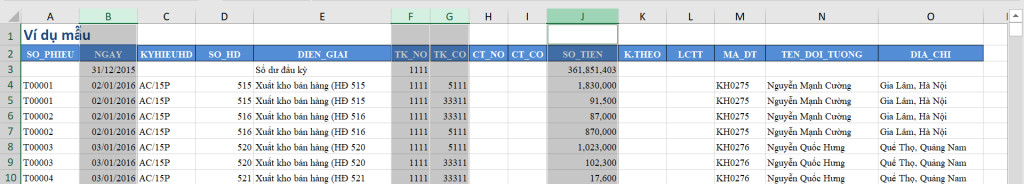 Công thức tính số dư đầu kỳ trong Excel bằng hàm SUMIFS cho quản lý thu chi tồn