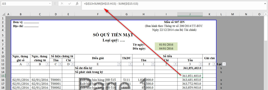 Công thức tính số tồn quỹ cuối kỳ trong Excel cho bảng cân đối thu chi