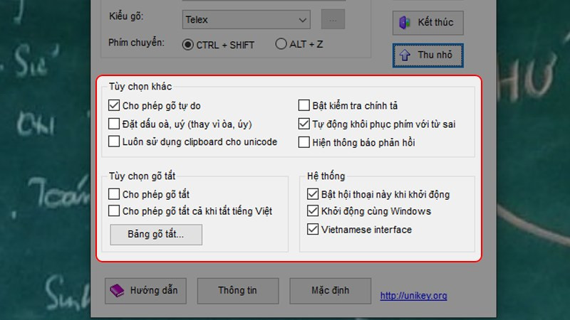 Cửa sổ tùy chỉnh các thiết lập nâng cao của Unikey để hỗ trợ đánh chữ có dấu trên máy vi tính
